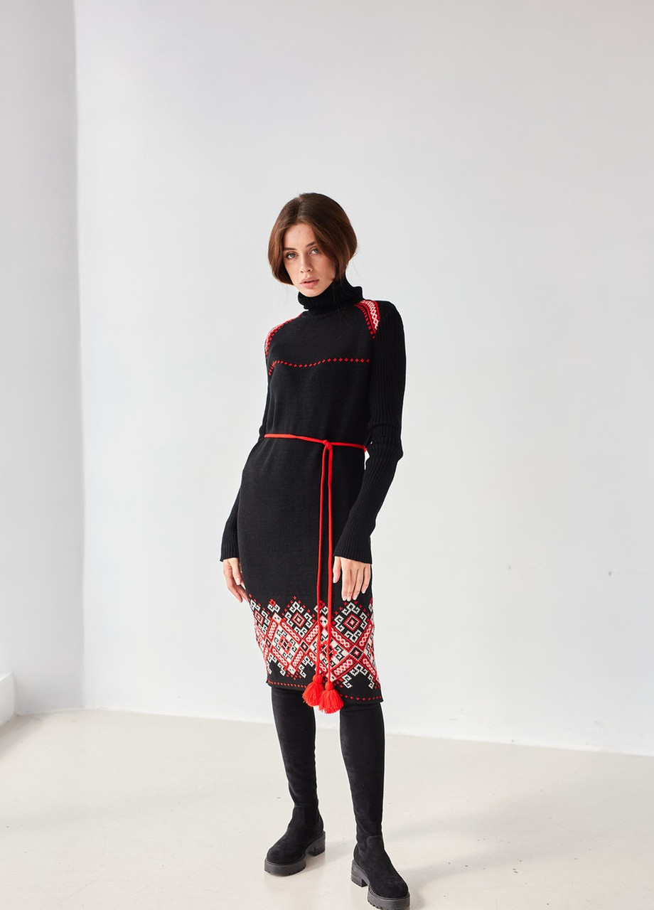 Черное повседневный теплое вязаное платье иванка (черный, красный) MEREZHKA с орнаментом