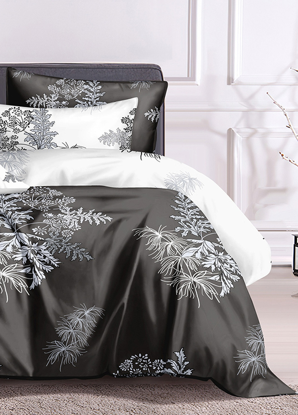 Хлопковое постельное белье White plants с сатиновым плетением Двуспальный комплект SoundSleep (224156385)