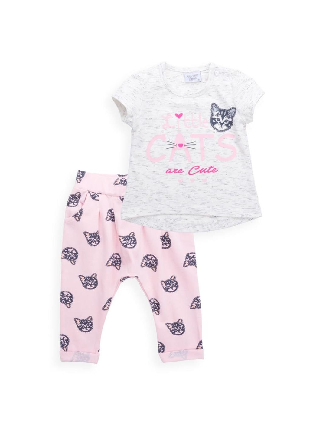 Комбінований літній набір дитячого одягу футболка з котиком та штанці з кишеньками (8983-86g-cream) Breeze