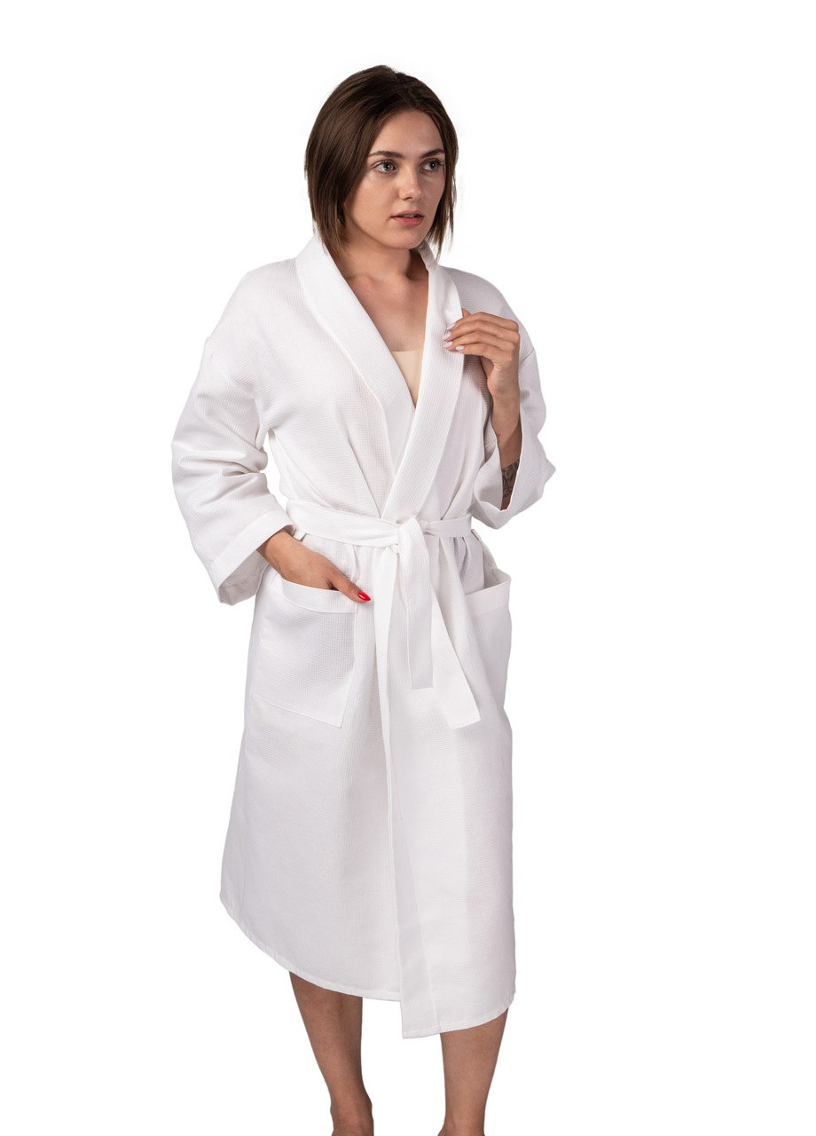 Вафельний халат Кімоно, розмір жіночий (46-48) М, 100% бавовна, білий (LS-039) Luxyart (211566840)