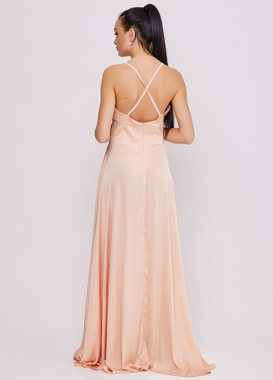 Персикова вечірня сукня з відкритою спиною, зі шлейфом ST-Seventeen однотонна