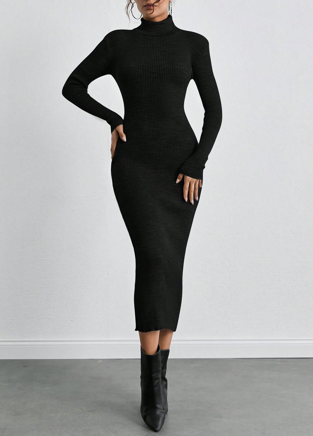 Черное кэжуал платье платье-свитер, платье-водолазка SHEIN однотонное
