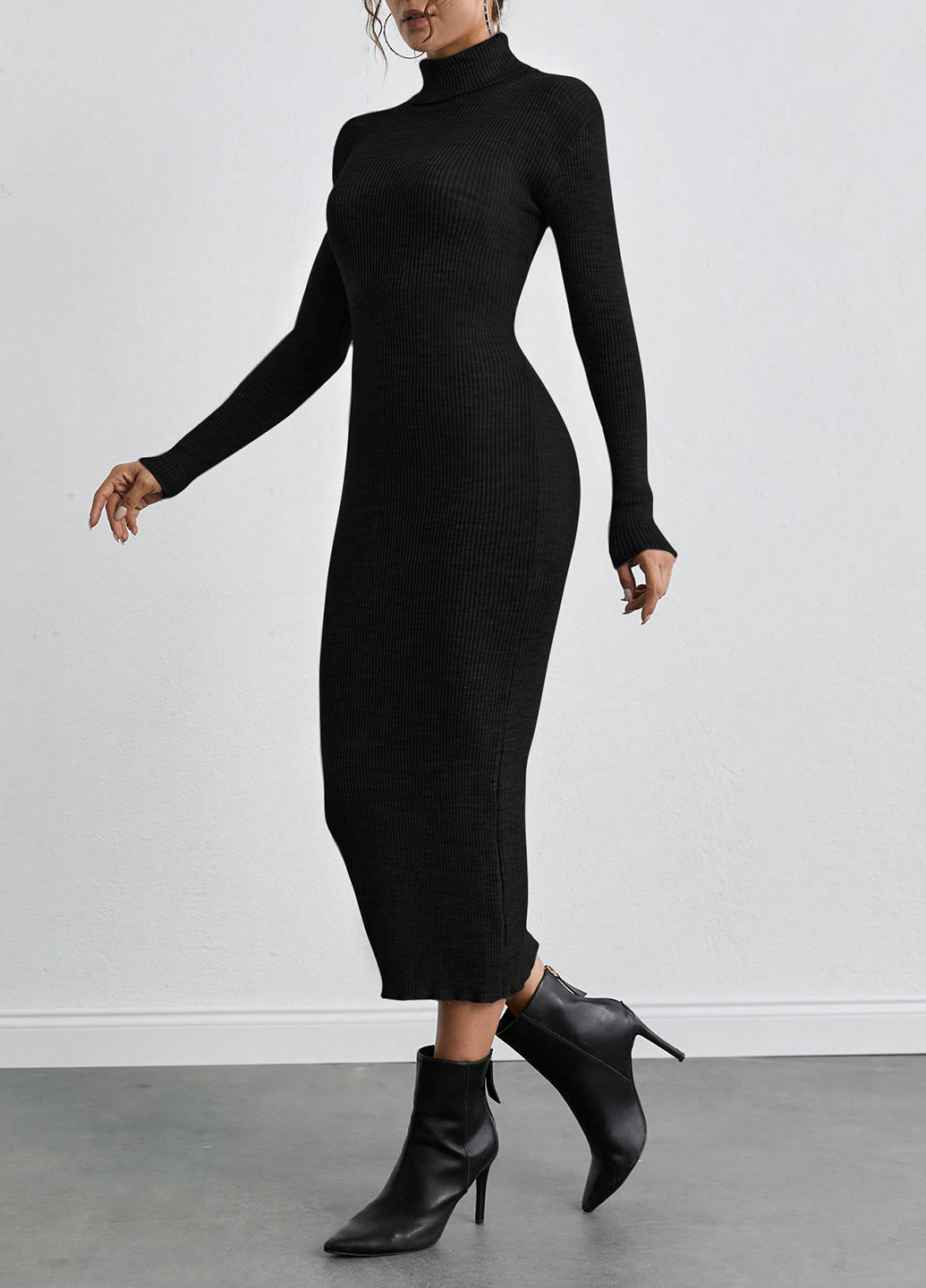 Черное кэжуал платье платье-свитер, платье-водолазка SHEIN однотонное