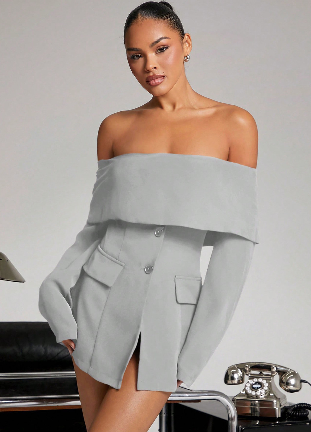 Светло-серое праздничный, деловое, кэжуал платье а-силуэт, платье-жакет SHEIN однотонное