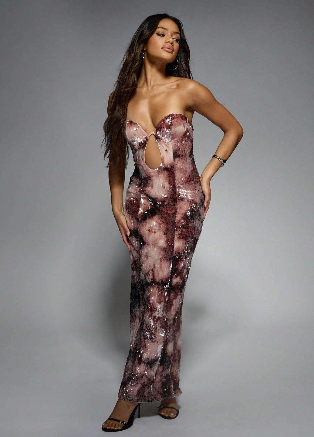 Рожево-коричнева вечірня сукня силуетна, з відкритими плечима, з відкритою спиною SHEIN тай-дай