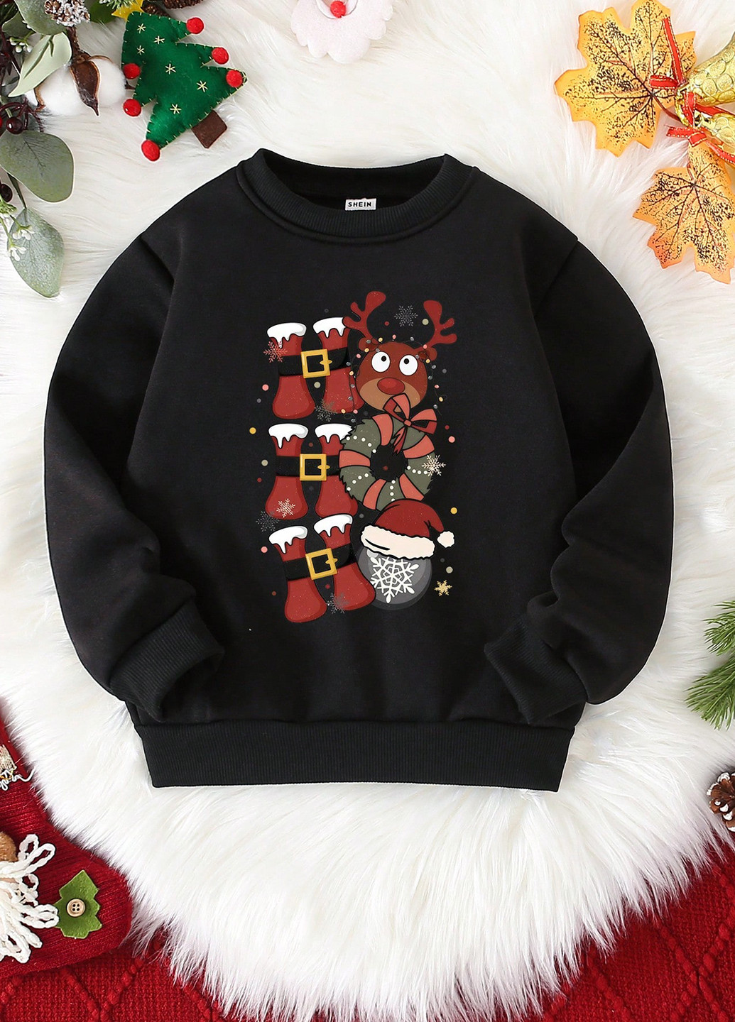 SHEIN світшот новорічний чорний кежуал поліестер, трикотаж