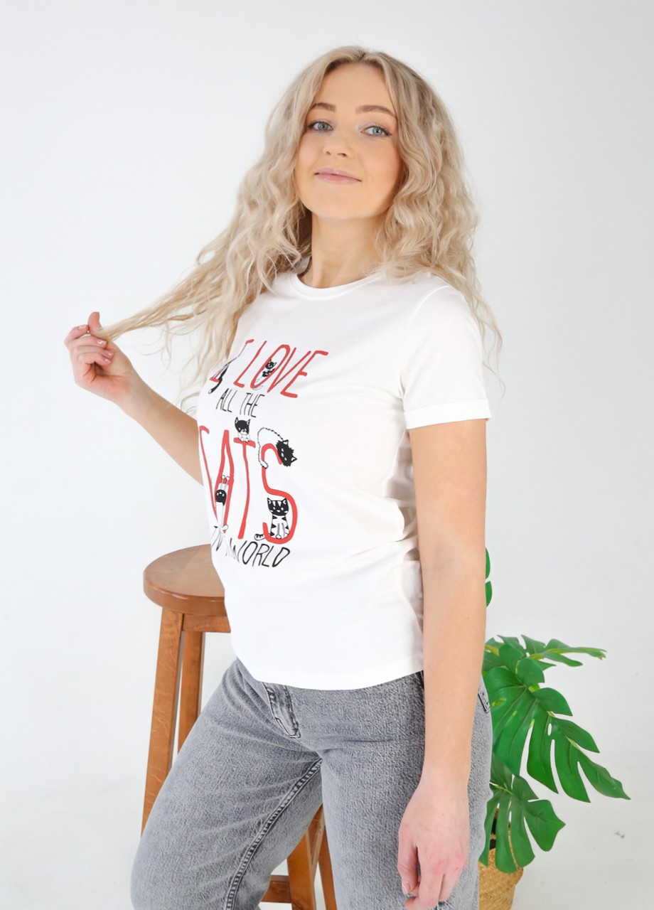 Белая всесезон футболка женская белая надпись с котами X-trap Слегка-зауженная