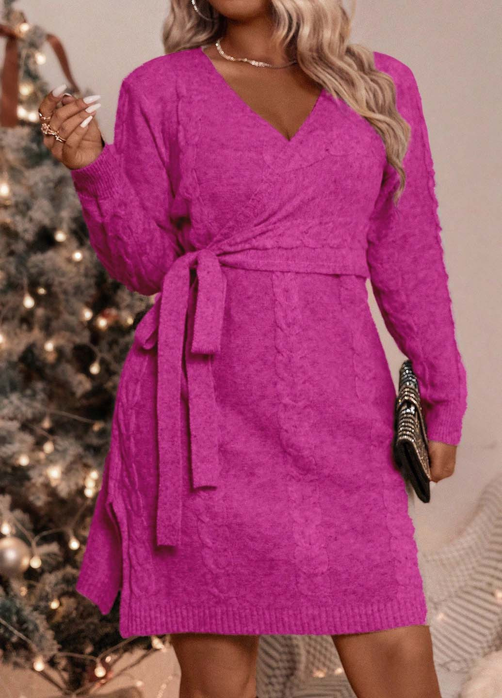 Фуксинова (кольору Фукія) кежуал сукня на запах, сукня светр SHEIN однотонна