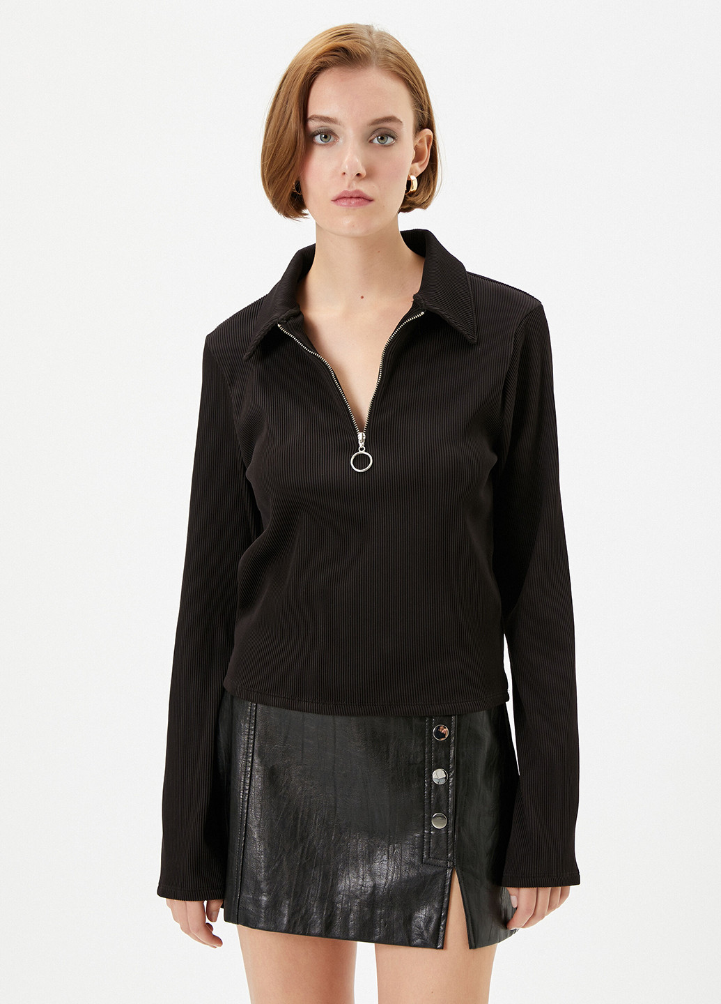 Черная женская футболка-поло KOTON однотонная