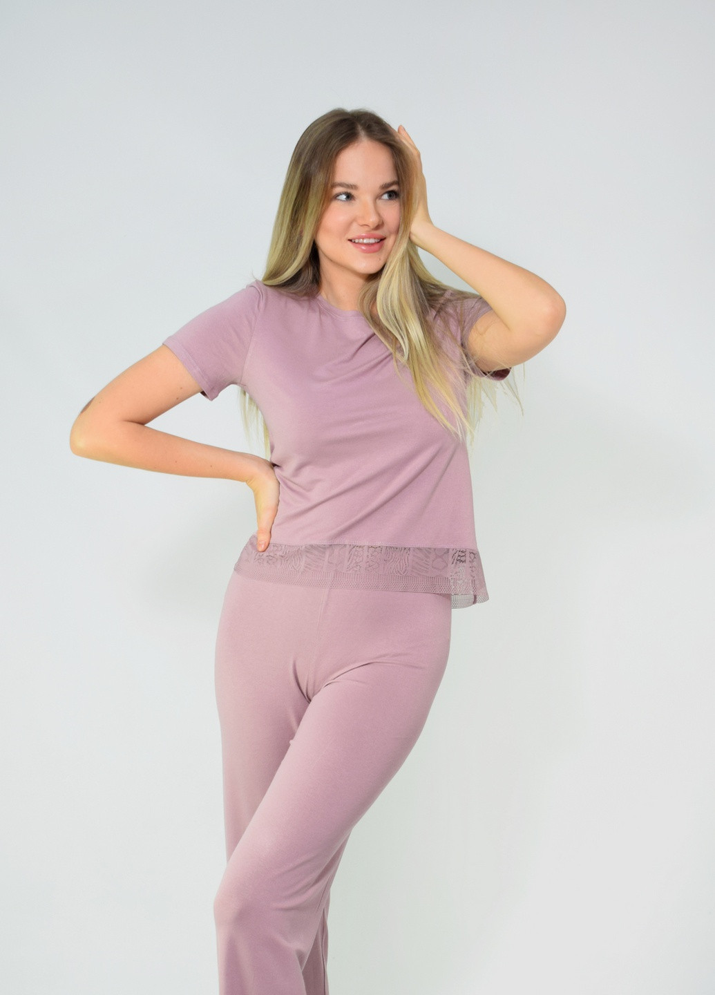 Лиловая всесезон трикотажная пижама для девушек футболка + брюки NEL