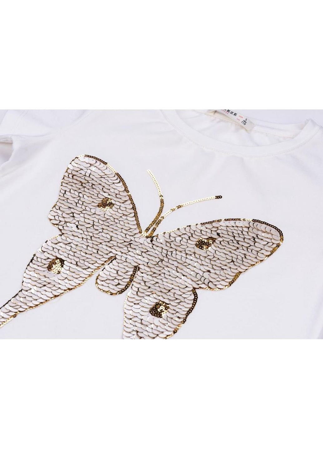 Біла демісезонна футболка дитяча з метеликом з паєток (11055-140g-peach) Breeze