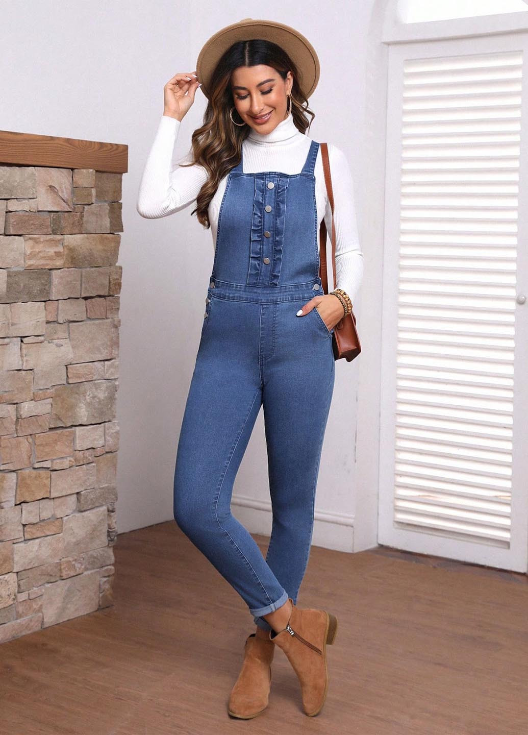 Комбинезон SHEIN комбинезон-брюки однотонный синий денил хлопок, джинс