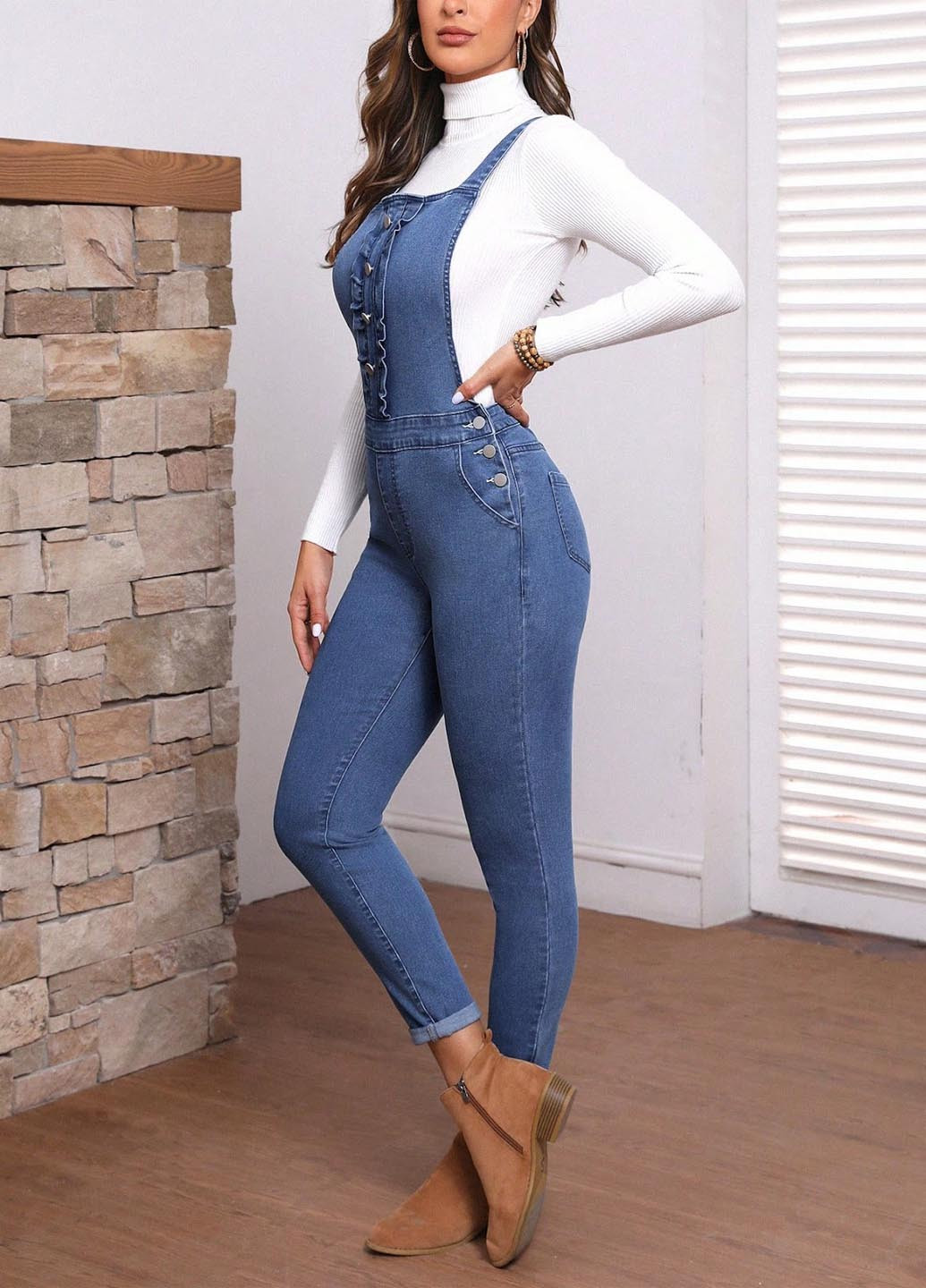 Комбинезон SHEIN комбинезон-брюки однотонный синий денил хлопок, джинс