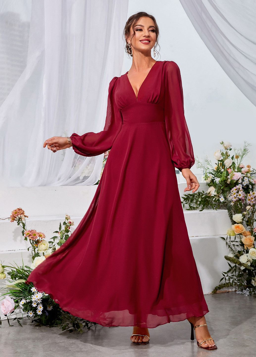 Вишневое праздничный, вечернее платье SHEIN однотонное