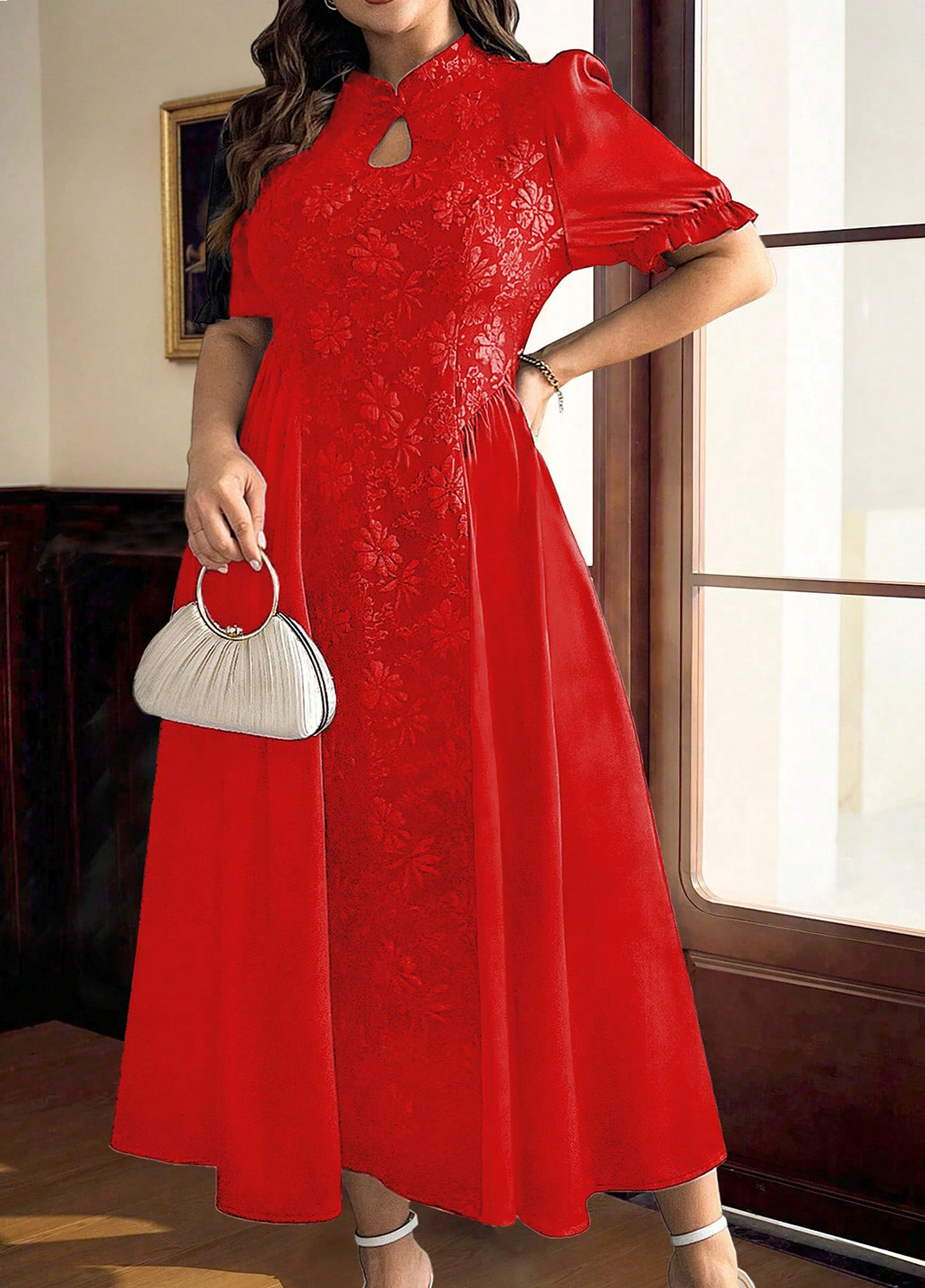 Красное праздничный, вечернее, кэжуал платье клеш SHEIN однотонное