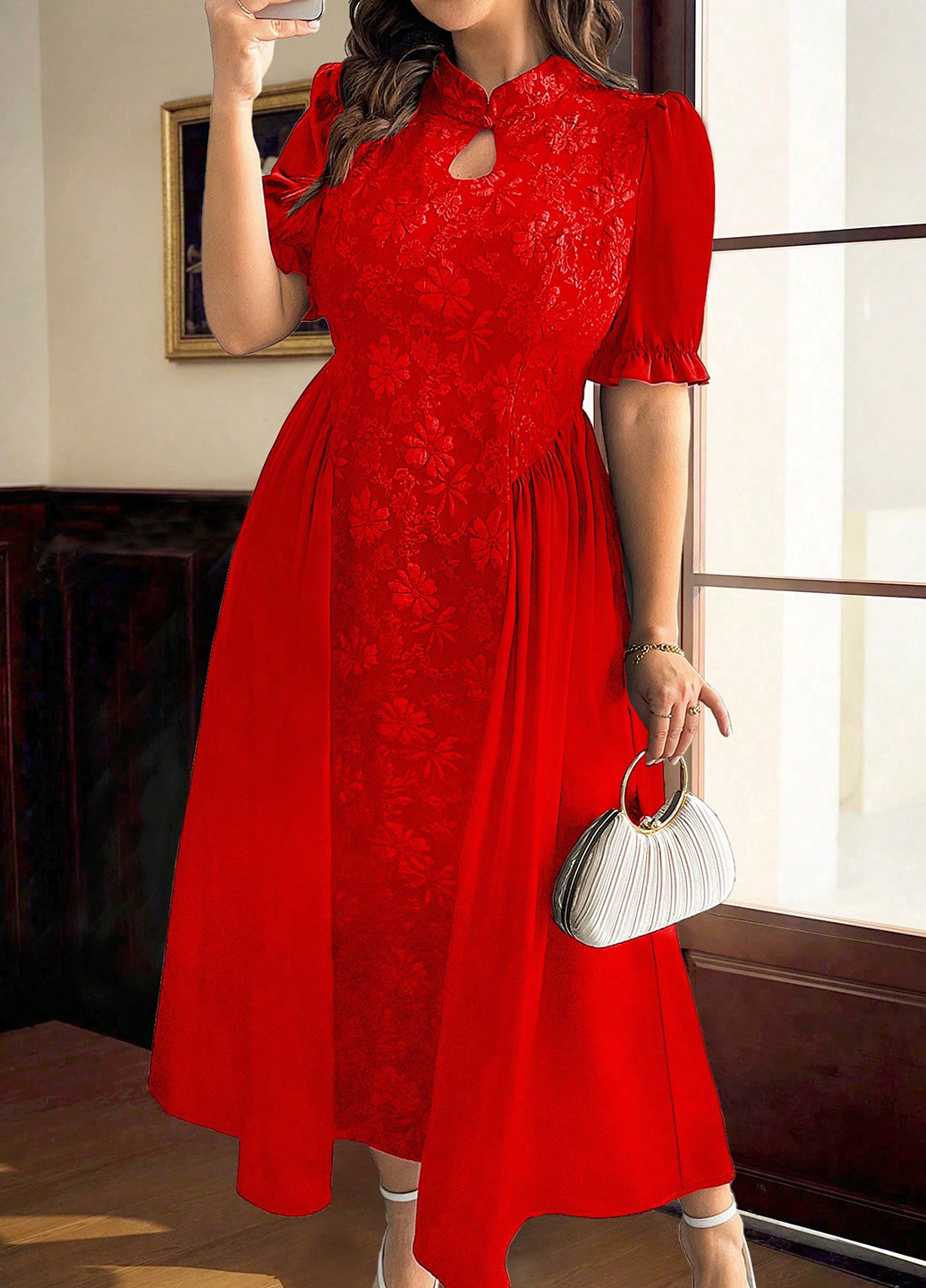 Красное праздничный, вечернее, кэжуал платье клеш SHEIN однотонное