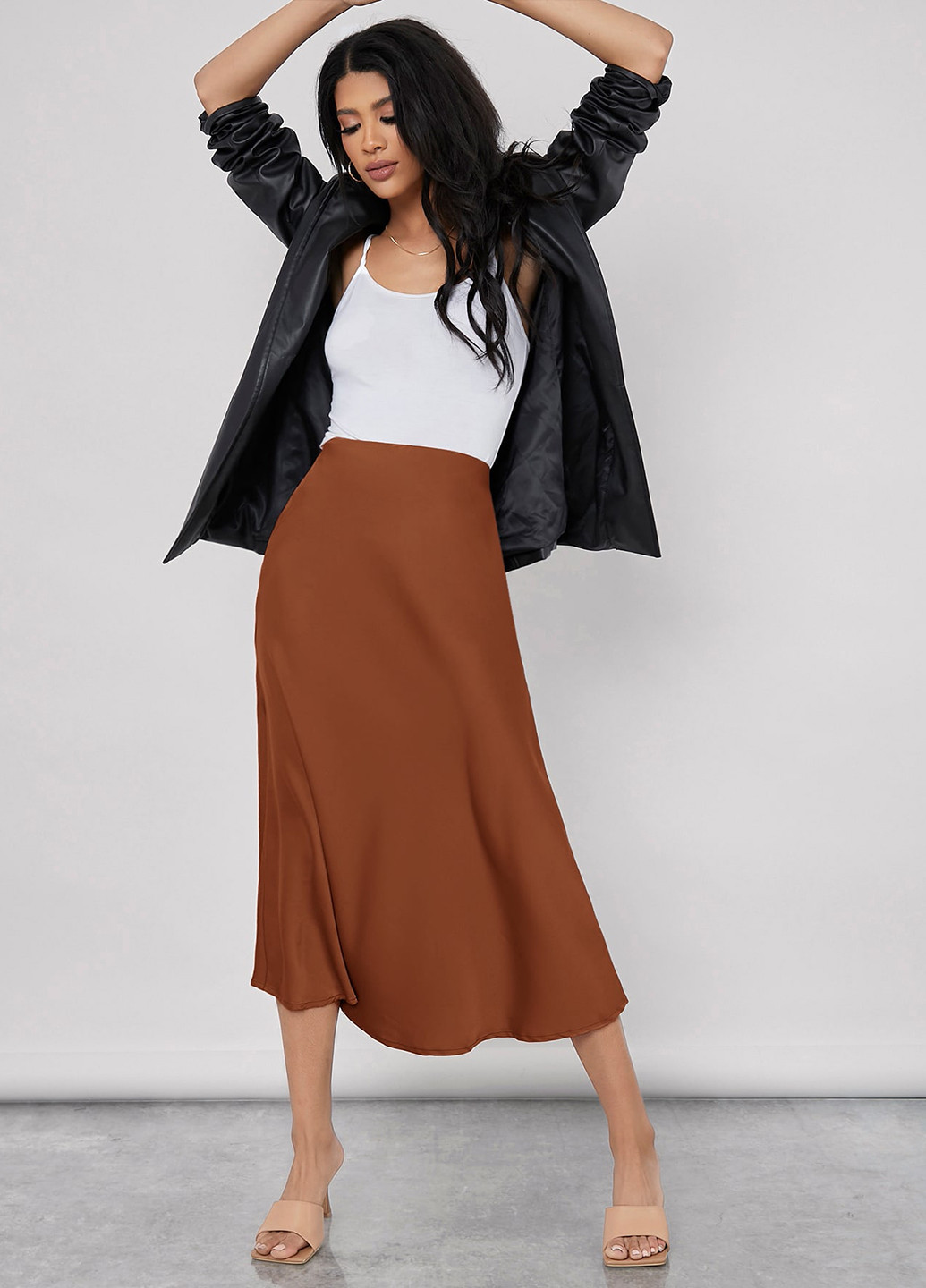 Светло-коричневая кэжуал однотонная юбка SHEIN а-силуэта (трапеция)