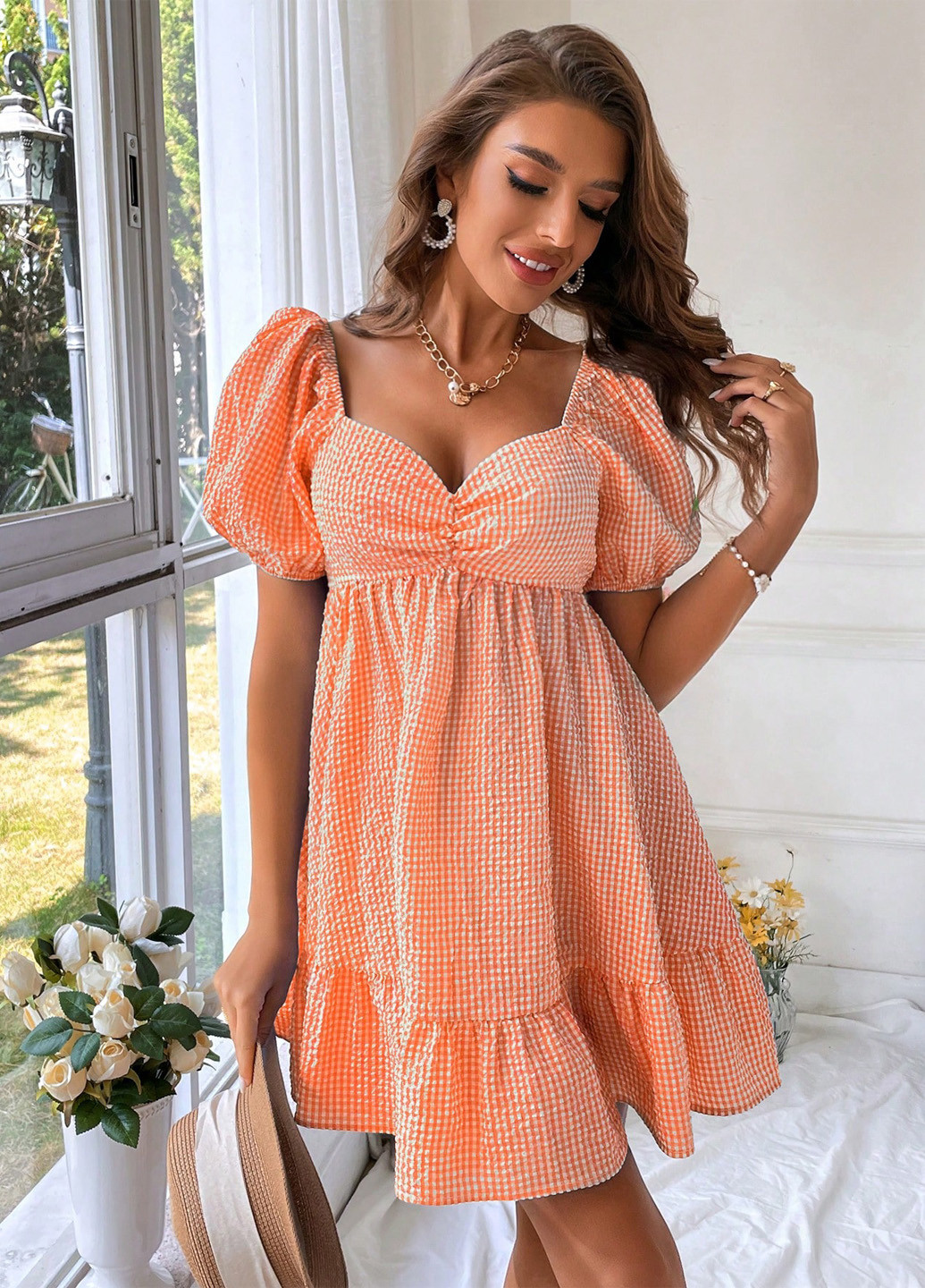 Оранжевое кэжуал платье а-силуэт SHEIN в клетку