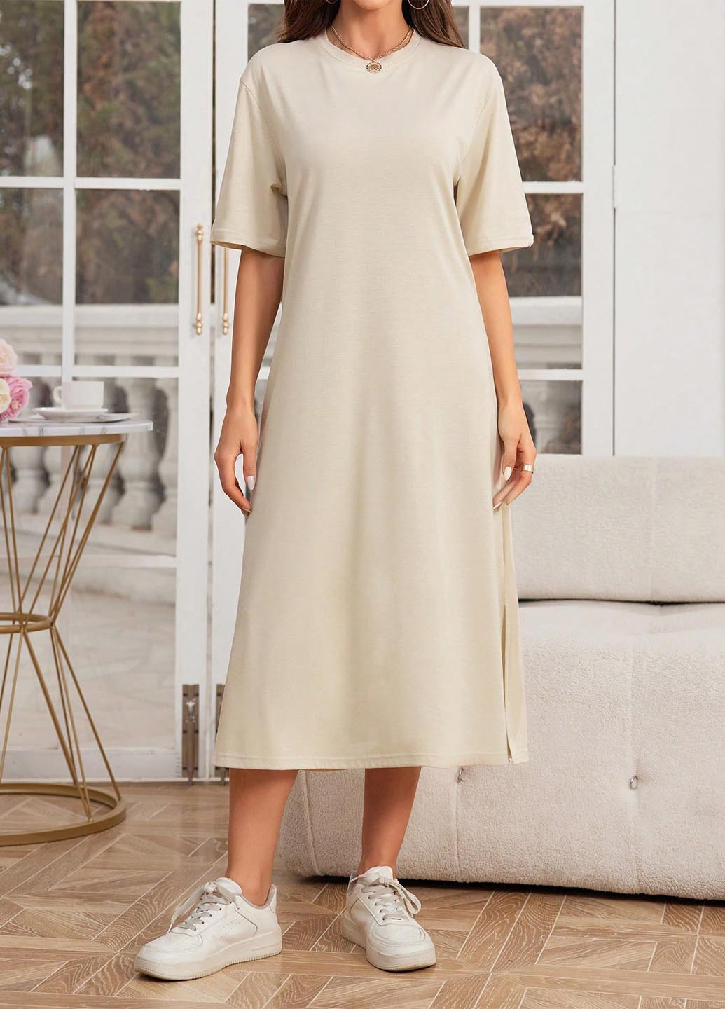 Бежевое кэжуал платье платье-футболка SHEIN однотонное