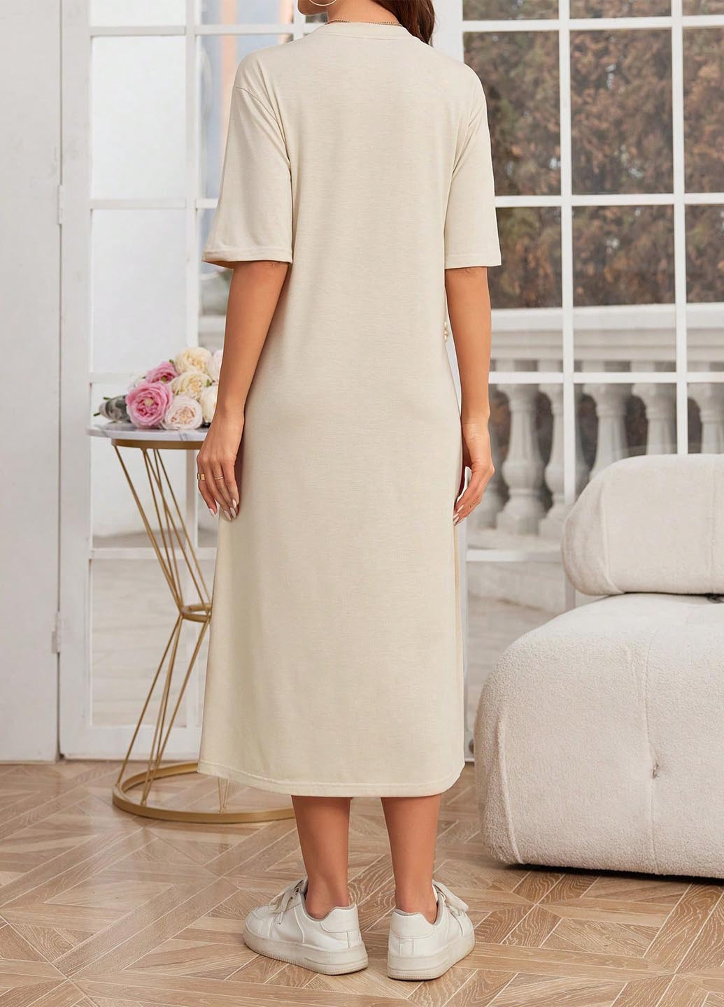 Бежевое кэжуал платье платье-футболка SHEIN однотонное