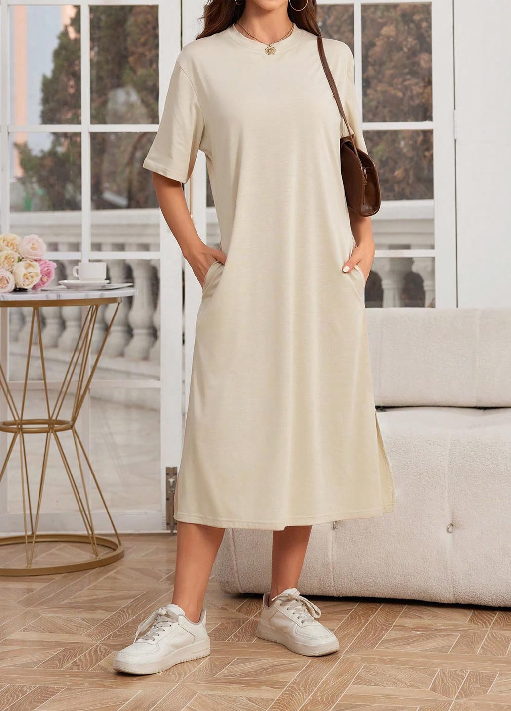 Бежевое кэжуал платье платье-футболка SHEIN однотонное