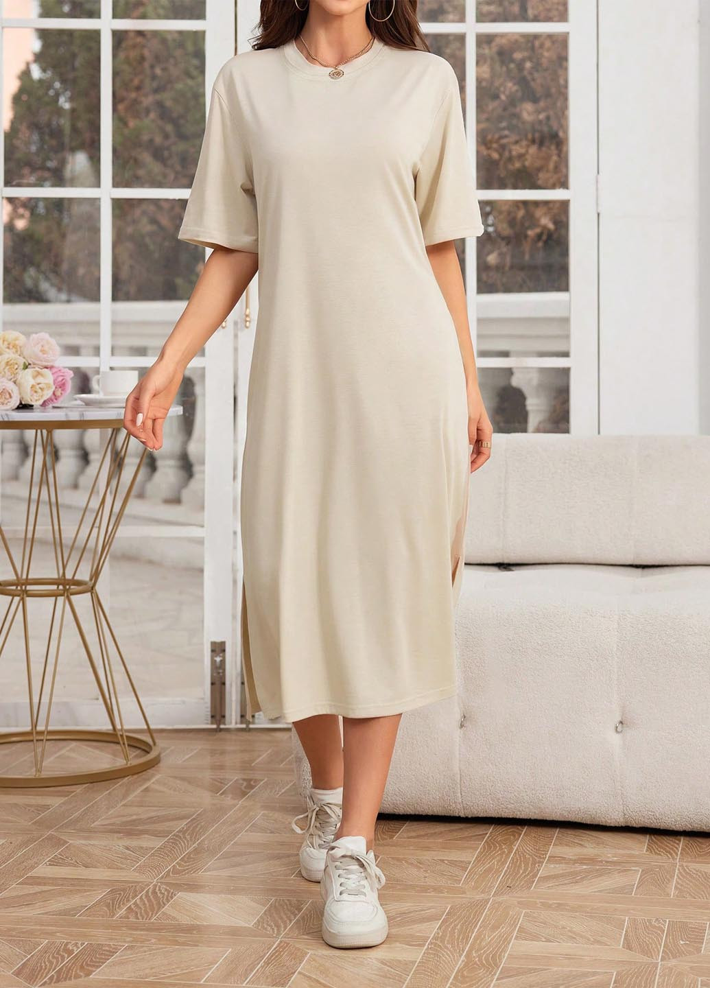 Бежевое кэжуал платье платье-футболка SHEIN однотонное