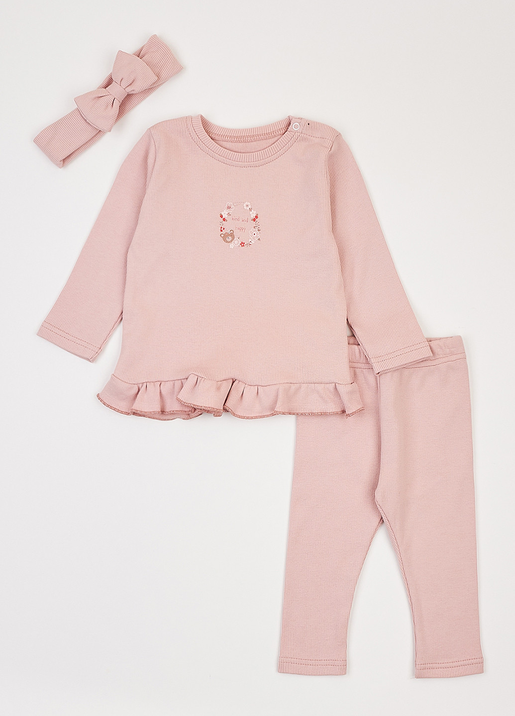 Рожевий демісезонний комплект (лонгслів, легінси, пов'язка) Фламинго