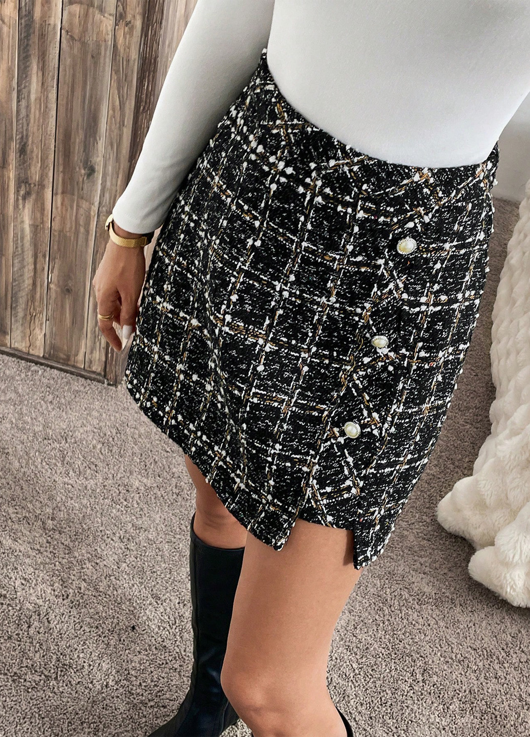 Черная кэжуал в клетку юбка SHEIN