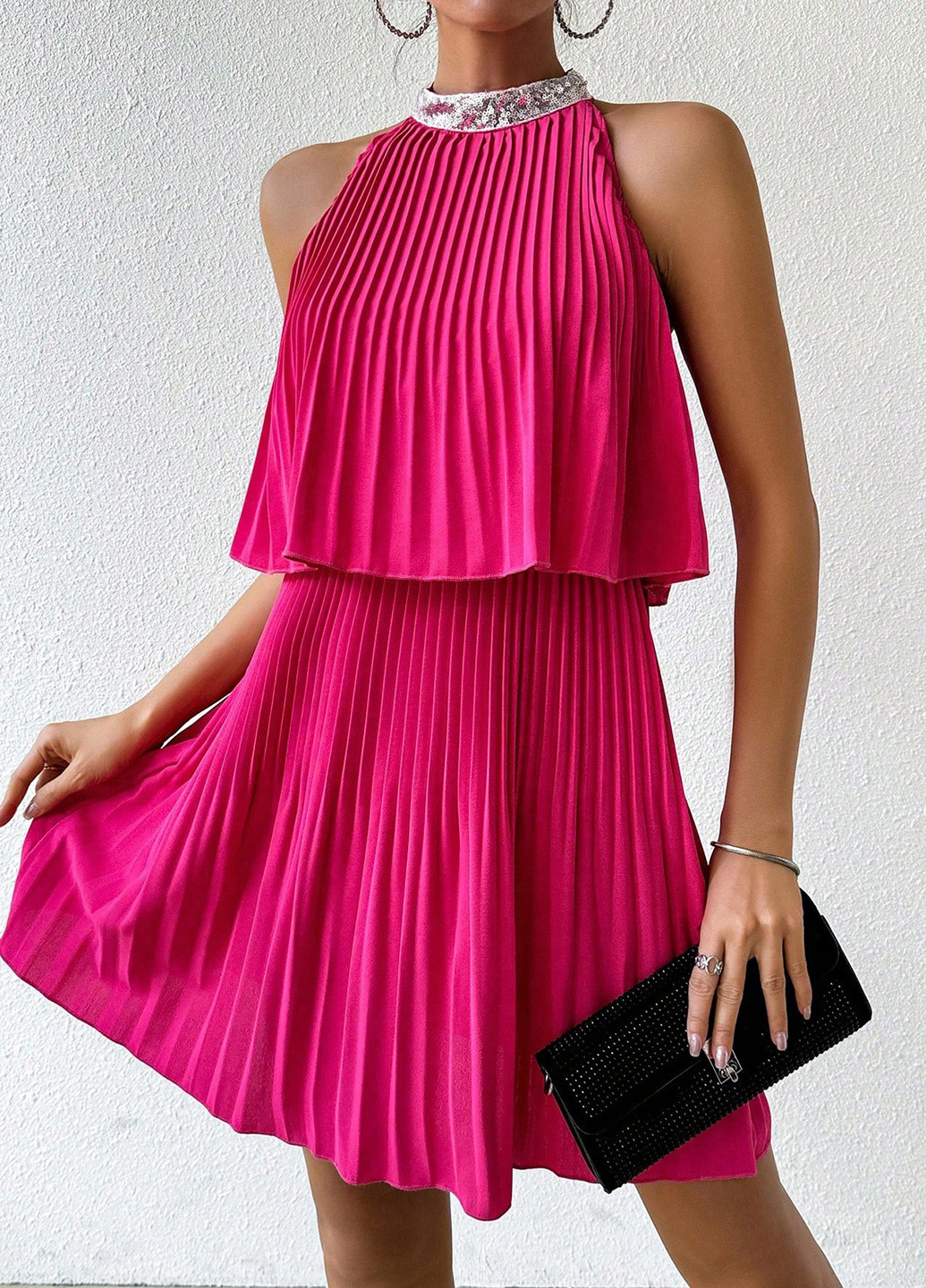 Фуксинова (кольору Фукія) коктейльна сукня а-силует, плісована SHEIN однотонна
