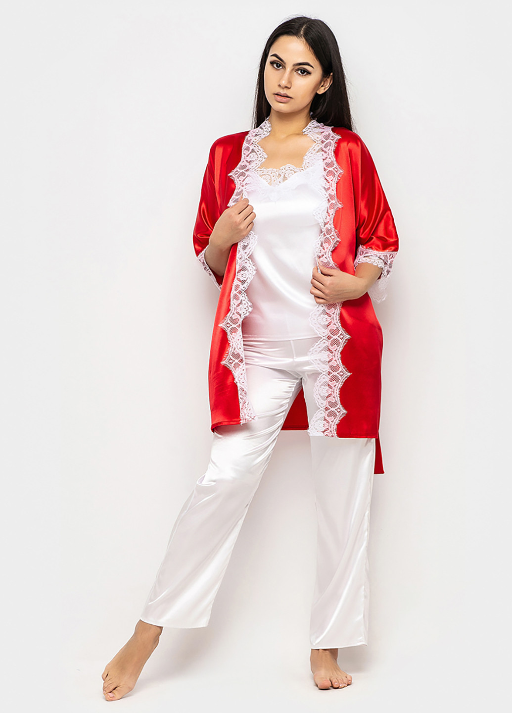 Червоний демісезонний комплект (халат, топ, брюки) Ghazel