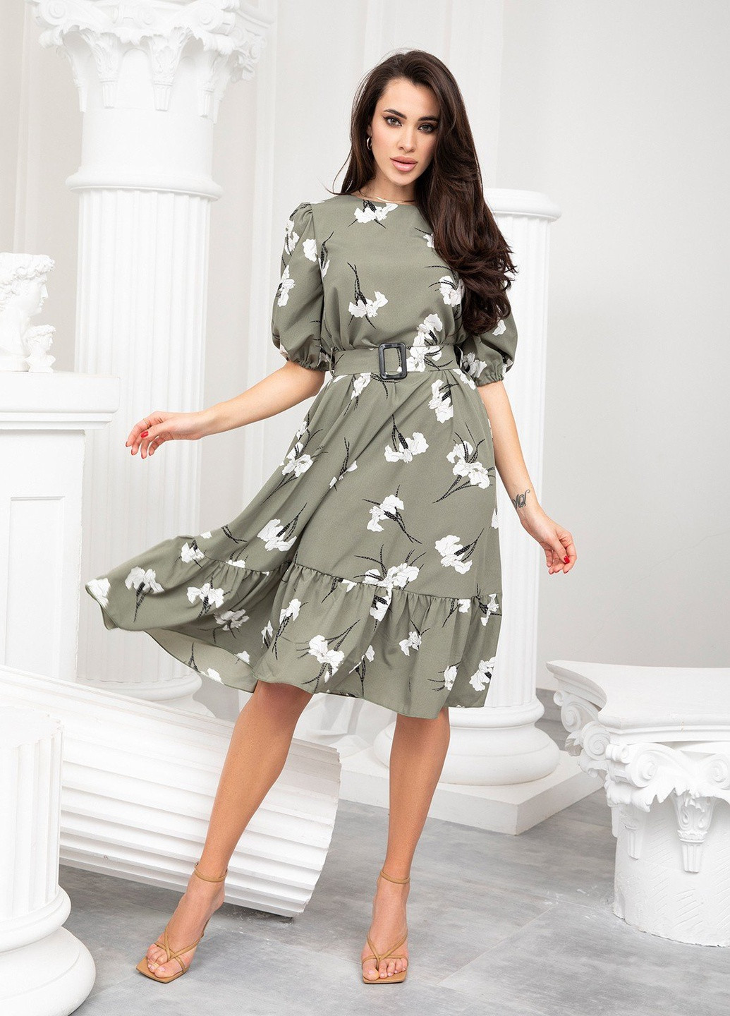 Оливкова (хакі) повсякденний сукня кльош ISSA PLUS з квітковим принтом