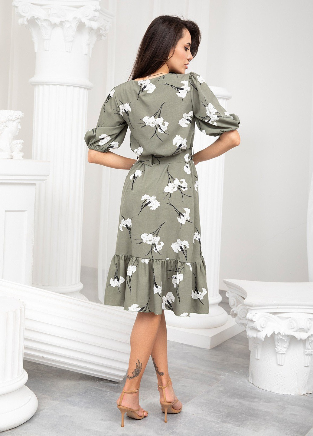 Оливкова (хакі) повсякденний сукня кльош ISSA PLUS з квітковим принтом