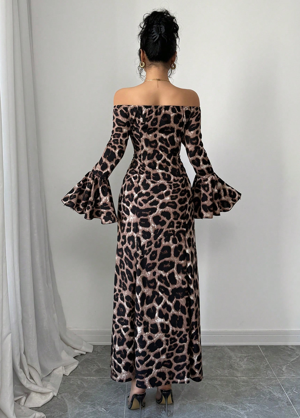 Коричнева кежуал, вечірня сукня з відкритими плечима SHEIN леопардовий