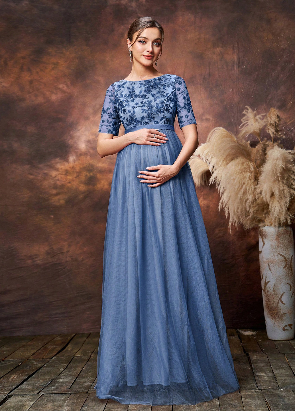 Темно-блакитна святковий, вечірня сукня для вагітних кльош SHEIN однотонна
