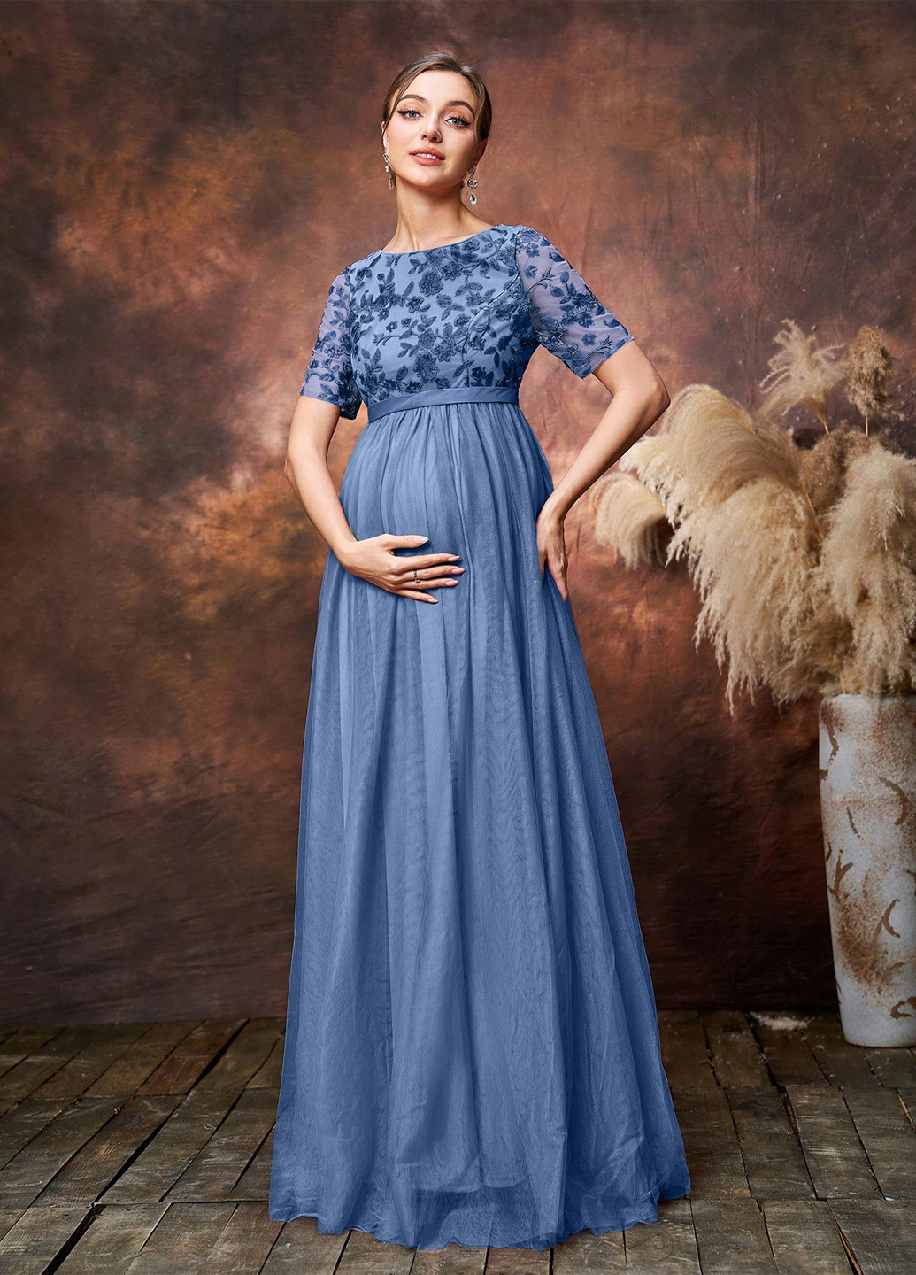 Темно-блакитна святковий, вечірня сукня для вагітних кльош SHEIN однотонна