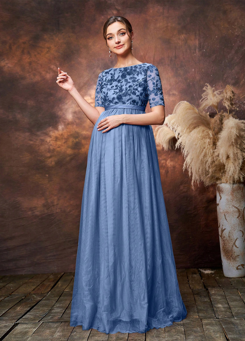 Темно-блакитна святковий, вечірня сукня для вагітних кльош SHEIN однотонна