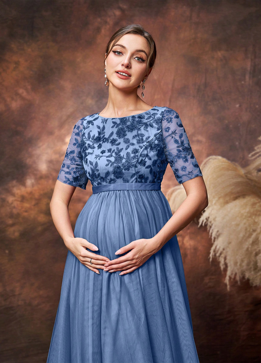 Темно-блакитна святковий, вечірня сукня для вагітних кльош SHEIN однотонна