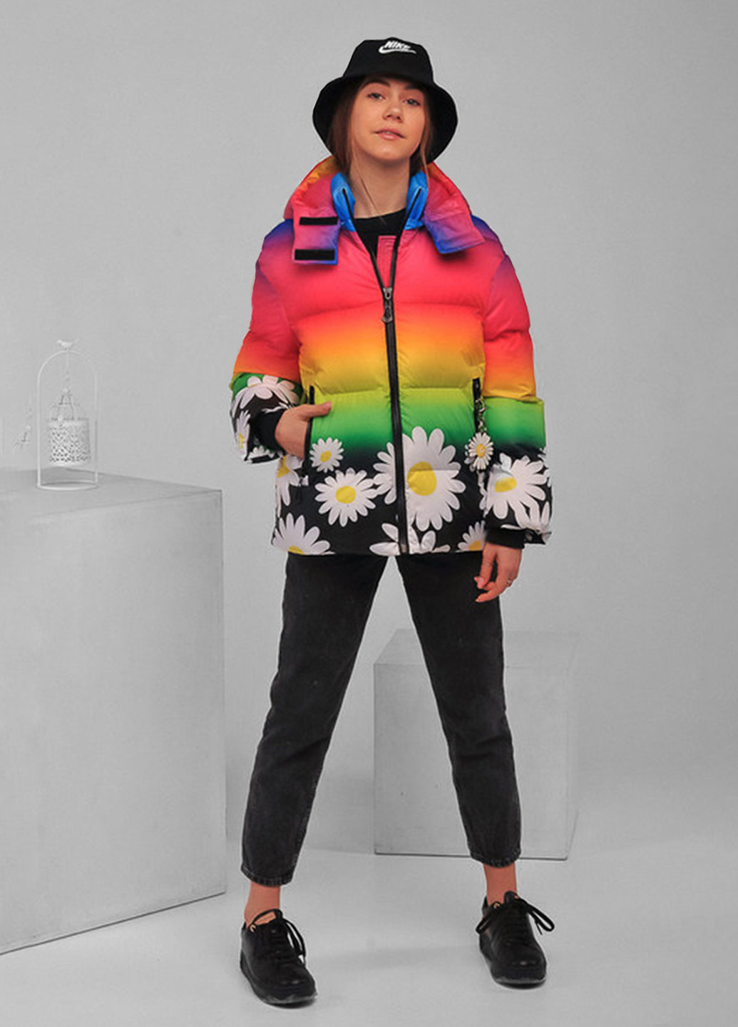 Комбінована демісезонна демісезонна дитяча куртка на пуху raduga з принтом ромашки Sinthia