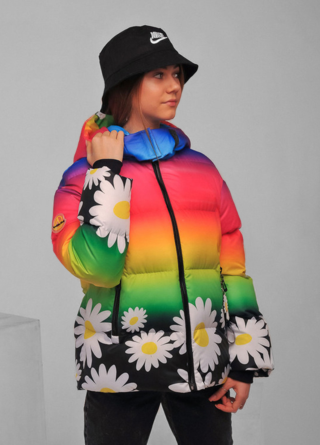 Комбінована демісезонна демісезонна дитяча куртка на пуху raduga з принтом ромашки Sinthia