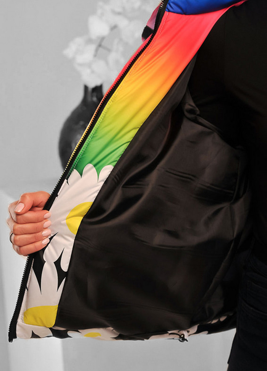 Комбінована демісезонна демісезонна дитяча куртка на пуху raduga з принтом ромашки Sinthia