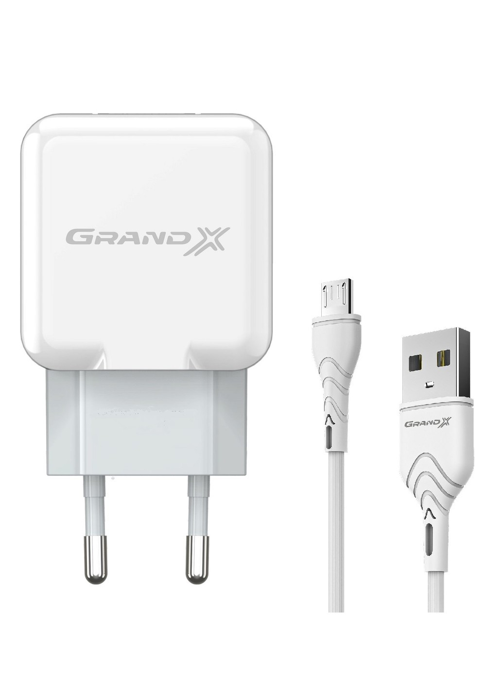 Зарядний пристрій CH-03UMW USB 5V 2,1A White з захистом від перенавантажень + cable USB -> micro USB, Cu) Grand-X (253839108)