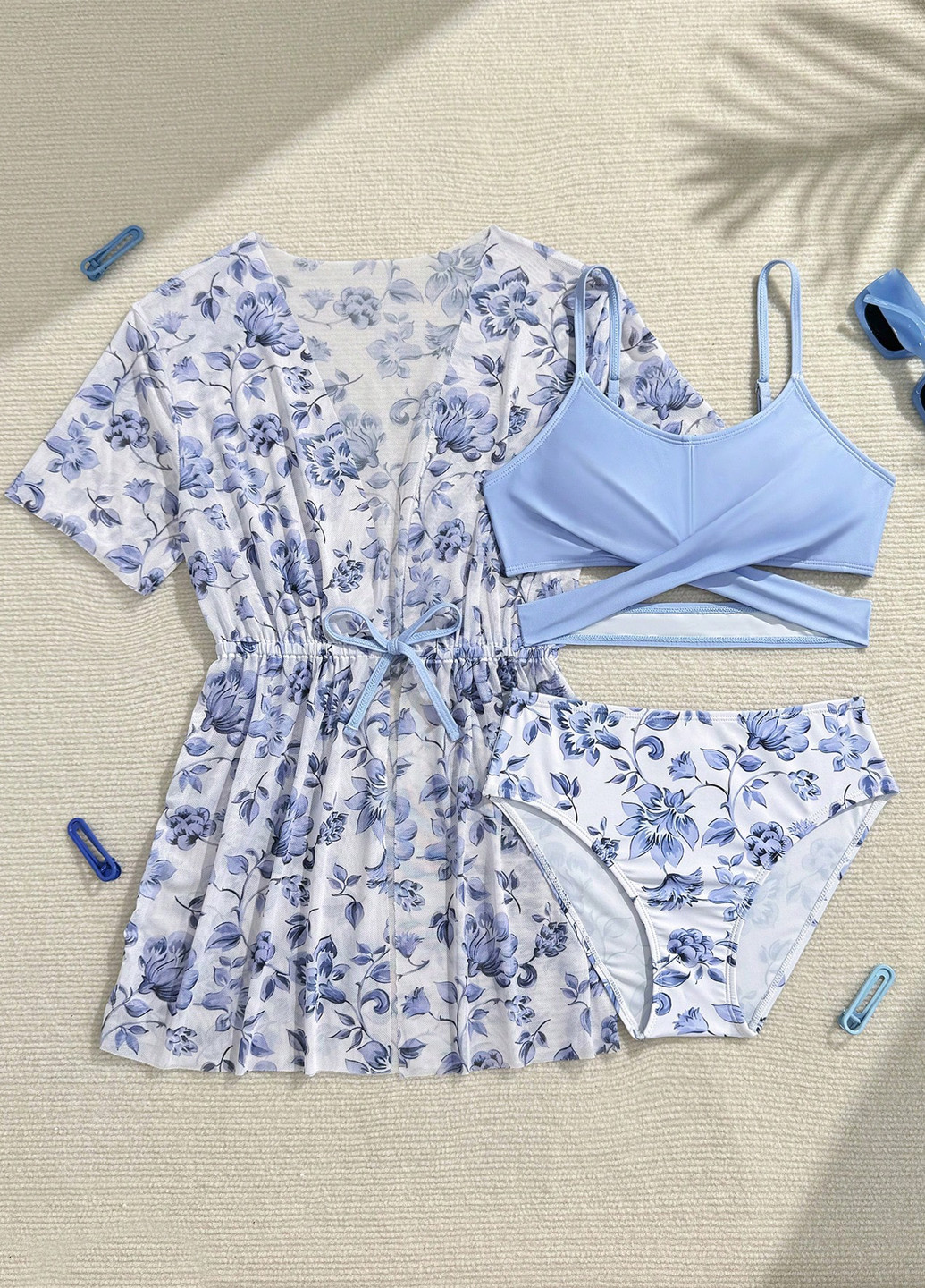 Блакитний літній комплект (накидка, ліф, трусики) SHEIN