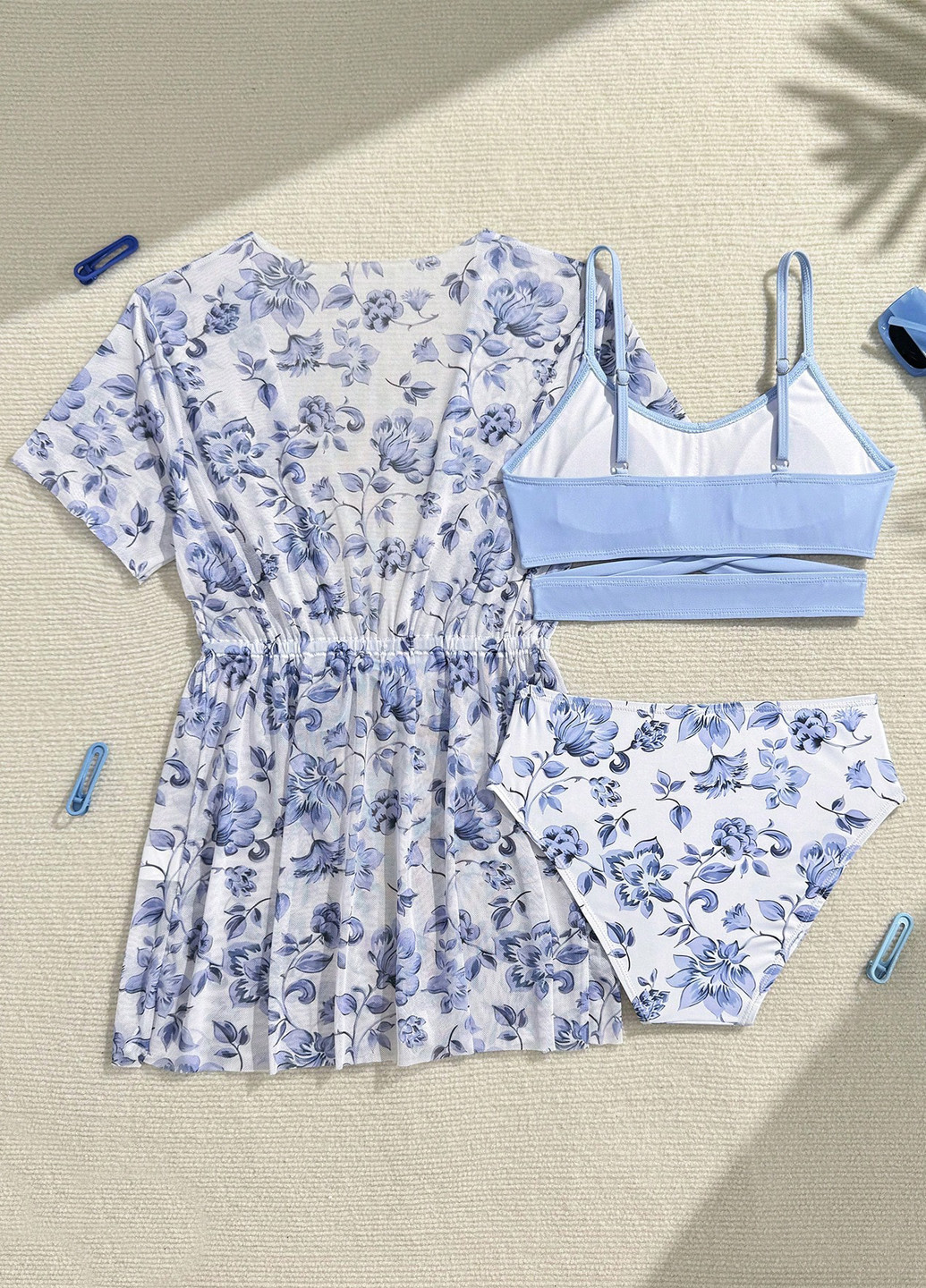 Блакитний літній комплект (накидка, ліф, трусики) SHEIN