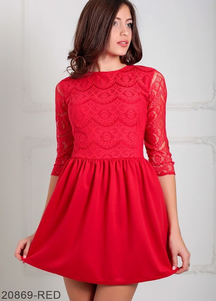 Красное кэжуал очаровательное нарядное платье с пышной юбкой и верхом из гипюра gledis красный Podium однотонное