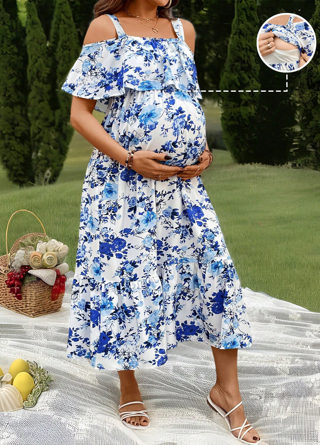 Білий кежуал сукня для вагітних/годуючих з відкритими плечима SHEIN з квітковим принтом