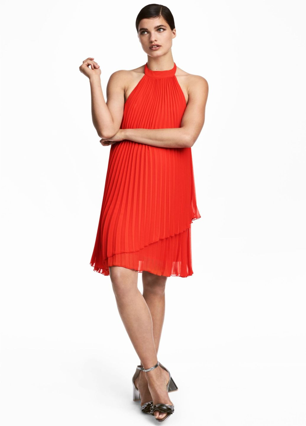 Красное кэжуал платье плиссированное H&M однотонное