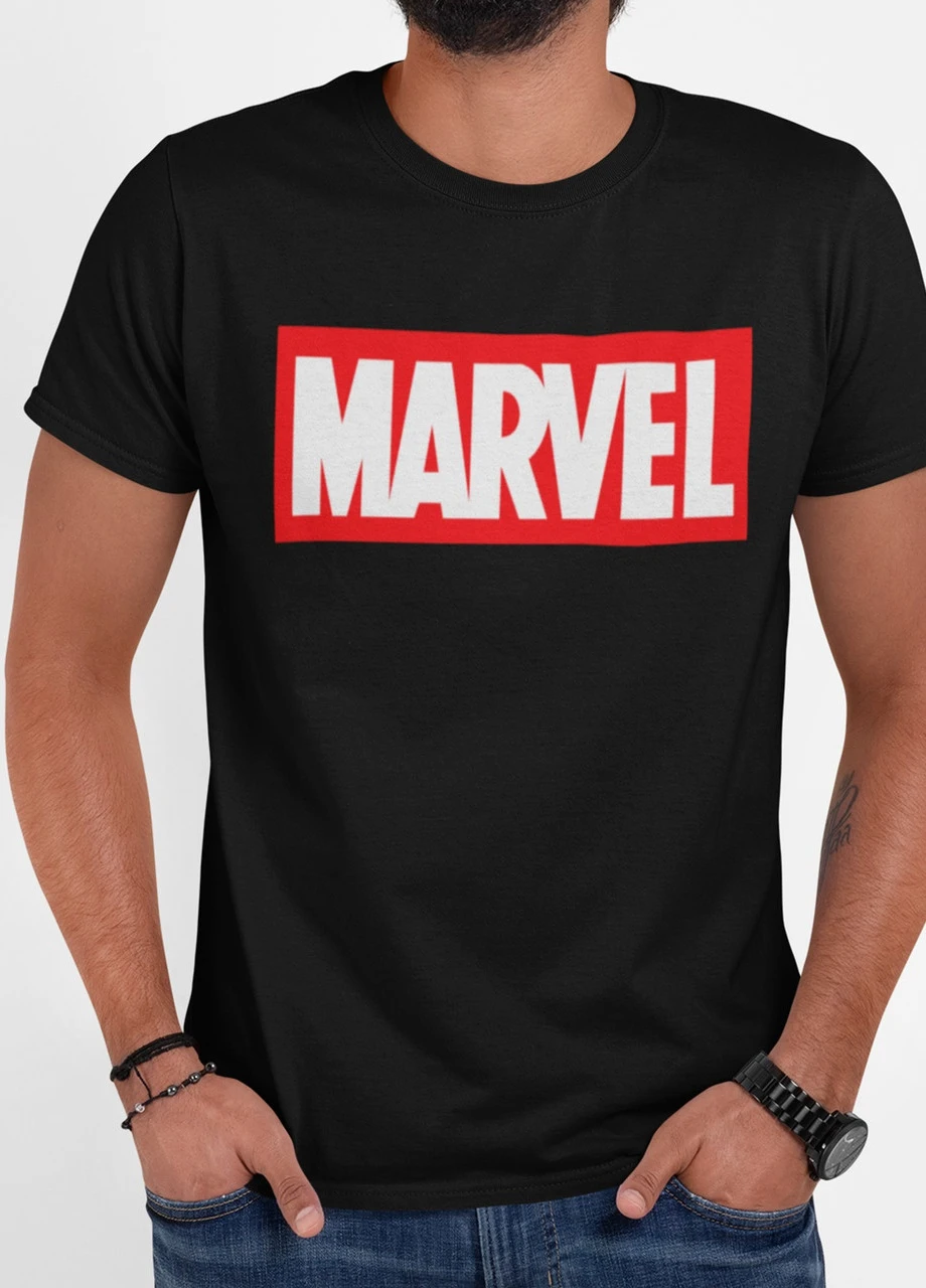 Черная футболка мужская чёрная с принтом "marvel" Maybel