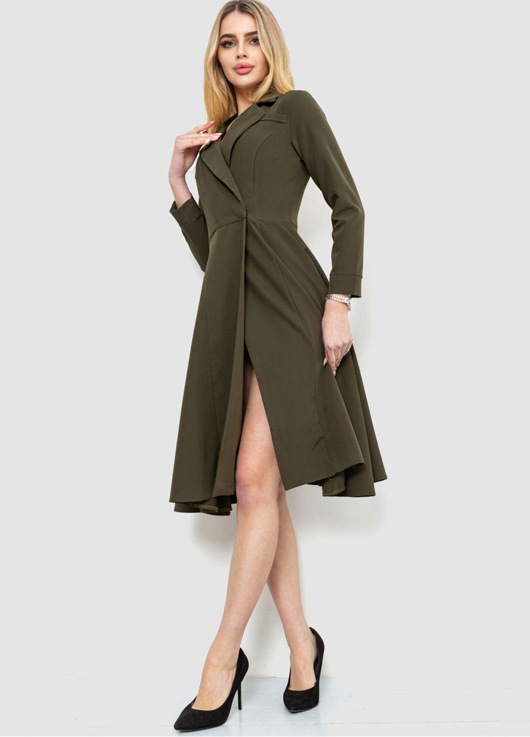 Оливковое (хаки) кэжуал платье на запах, клеш, платье-жакет Ager однотонное