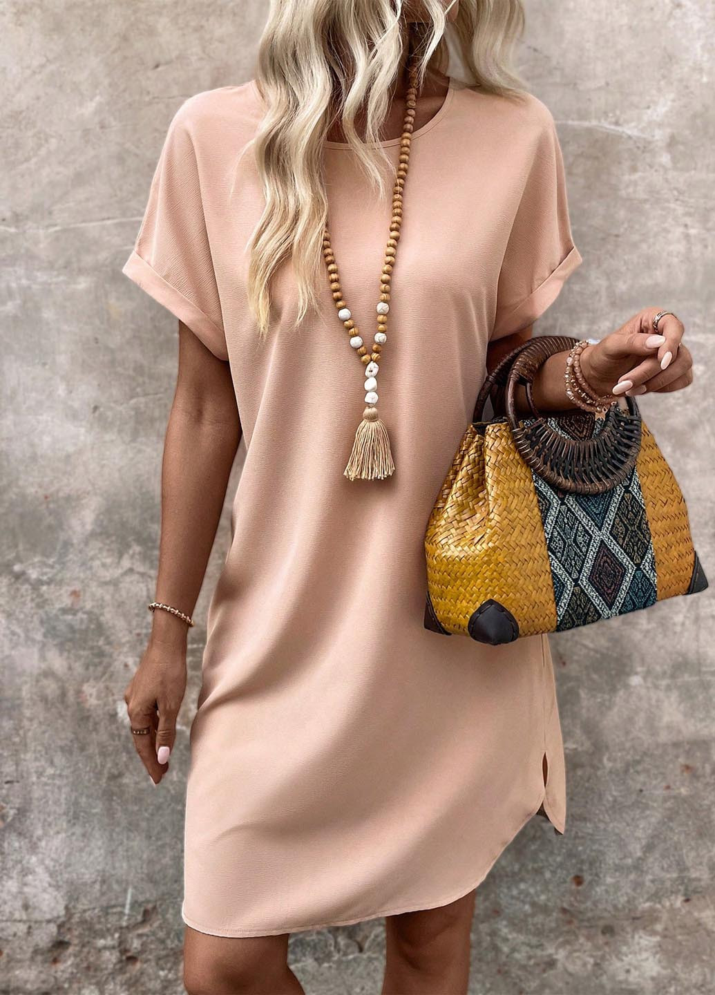 Персиковое кэжуал платье платье-футболка SHEIN однотонное