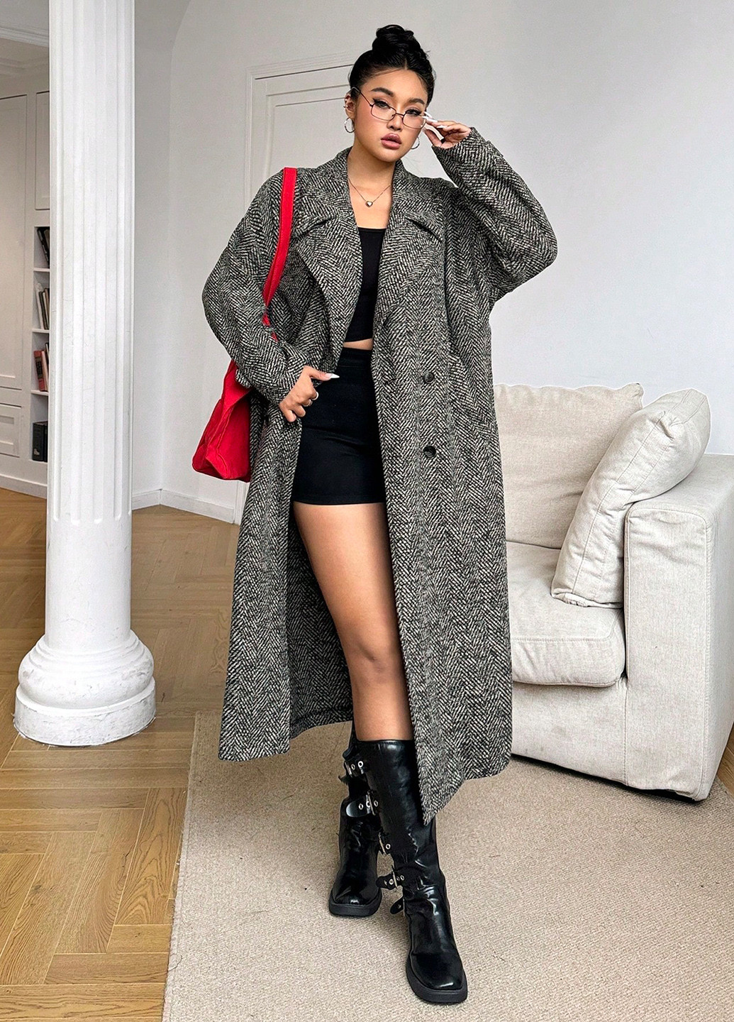 Черно-белое зимнее Пальто двубортное SHEIN